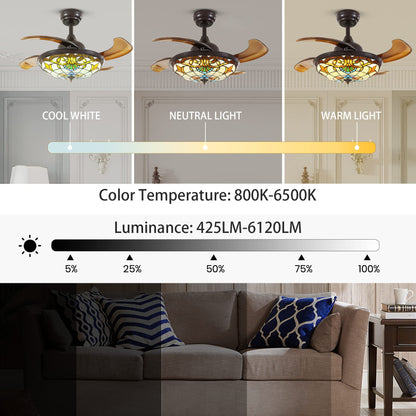 36 in. Downrod Mount Indoor Smart Brown Tiffany Stained Glass Fandelier Retractable Ceiling Fan with Integrated LED