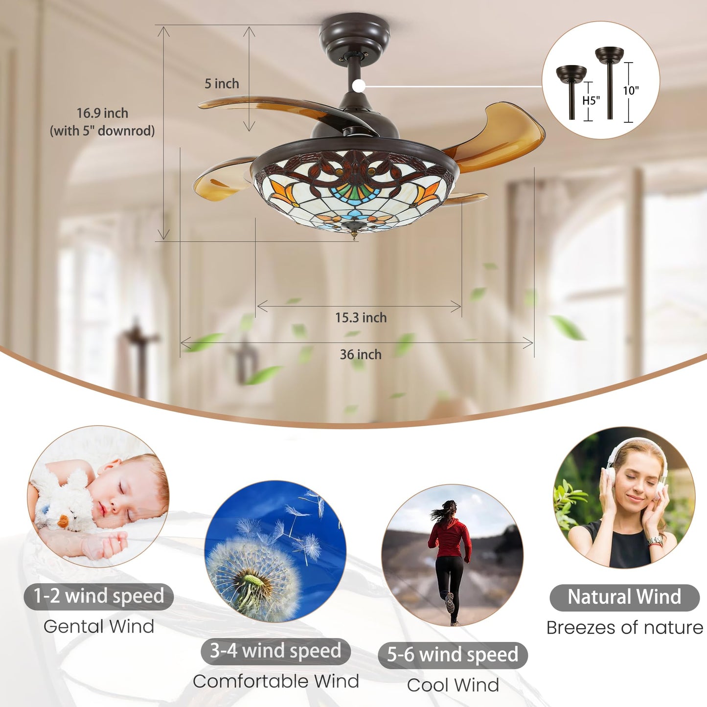 36 in. Downrod Mount Indoor Smart Brown Tiffany Stained Glass Fandelier Retractable Ceiling Fan with Integrated LED