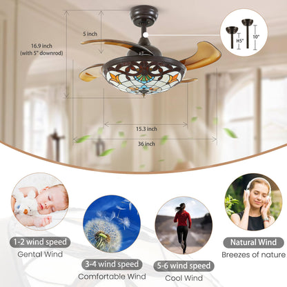 36 in. Downrod Mount Indoor Smart Brown Tiffany Stained Glass Fandelier Retractable Ceiling Fan with Integrated LED