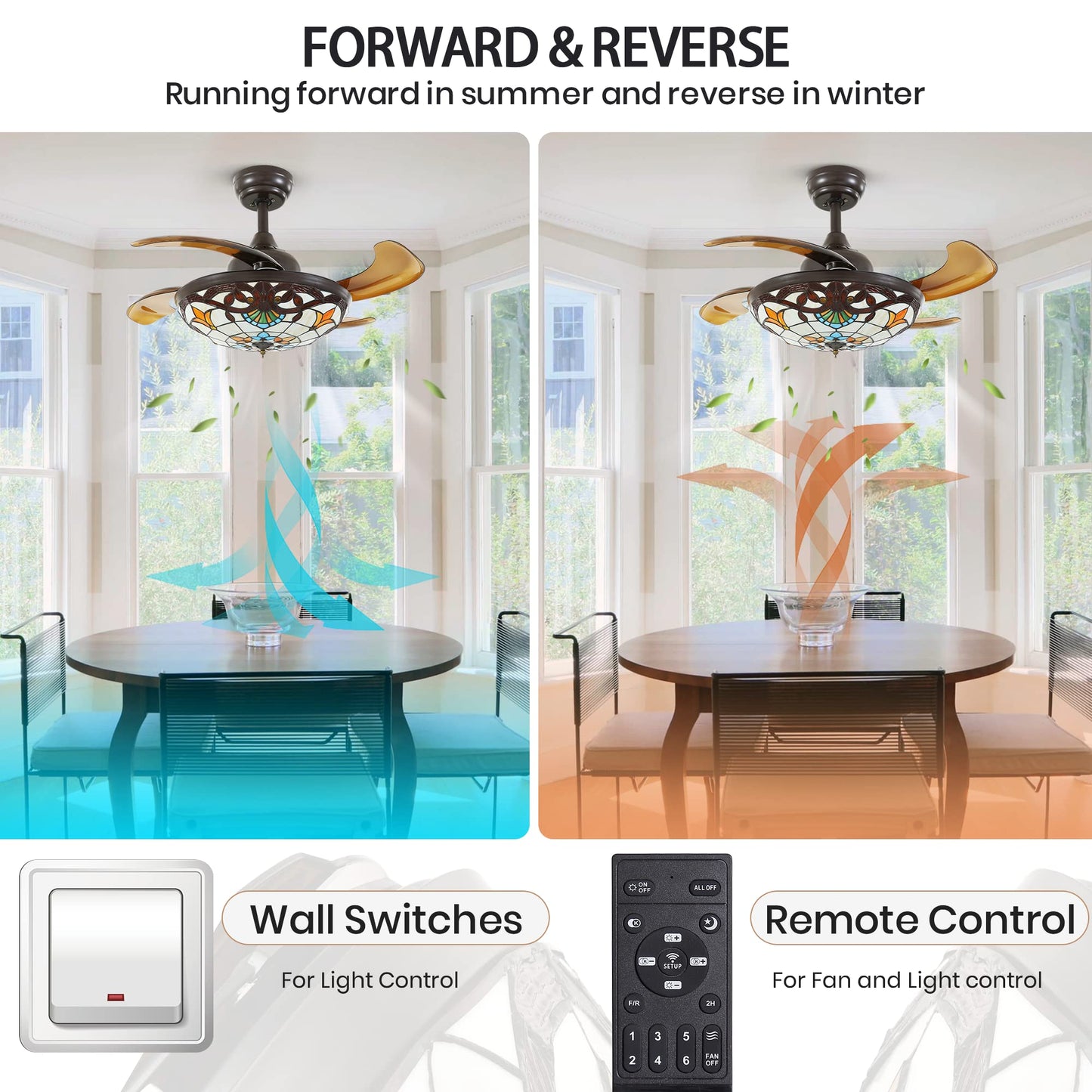 36 in. Downrod Mount Indoor Smart Brown Tiffany Stained Glass Fandelier Retractable Ceiling Fan with Integrated LED