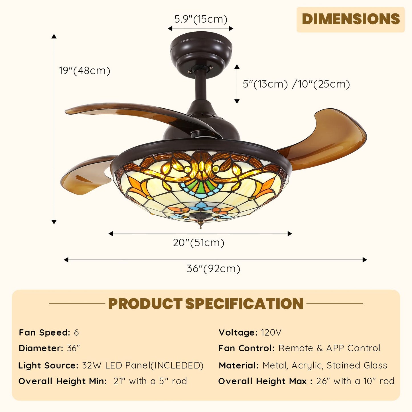 36 in. Downrod Mount Indoor Smart Brown Tiffany Stained Glass Fandelier Retractable Ceiling Fan with Integrated LED