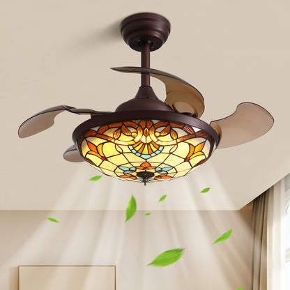 36 in. Downrod Mount Indoor Smart Brown Tiffany Stained Glass Fandelier Retractable Ceiling Fan with Integrated LED
