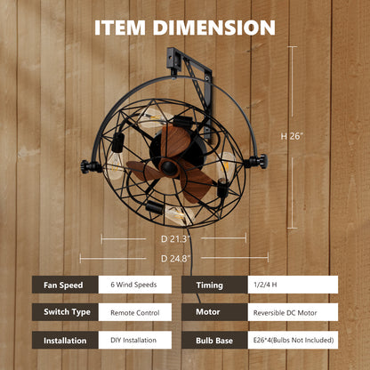 20 in. Indoor Industrial Wall Fan with Lights and Remote, Black Wall Mounted Ceiling Fan with 6 Fan Speeds