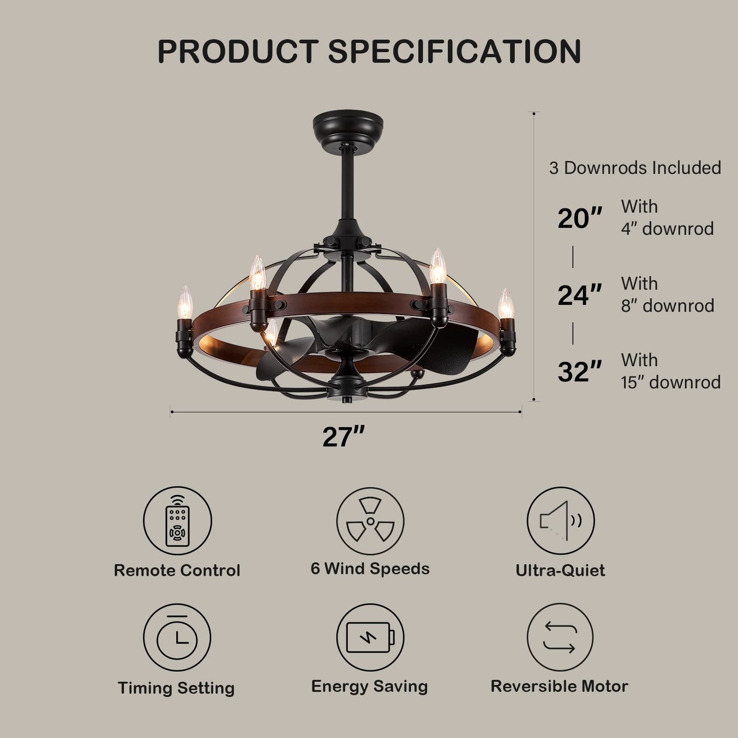 27in Farmhouse & Vintage Ceiling Fan with Light Remote Control, Rustic Chandelier Fan
