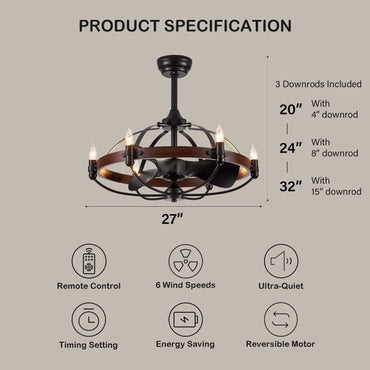 27in Farmhouse & Vintage Ceiling Fan with Light Remote Control, Rustic Chandelier Fan