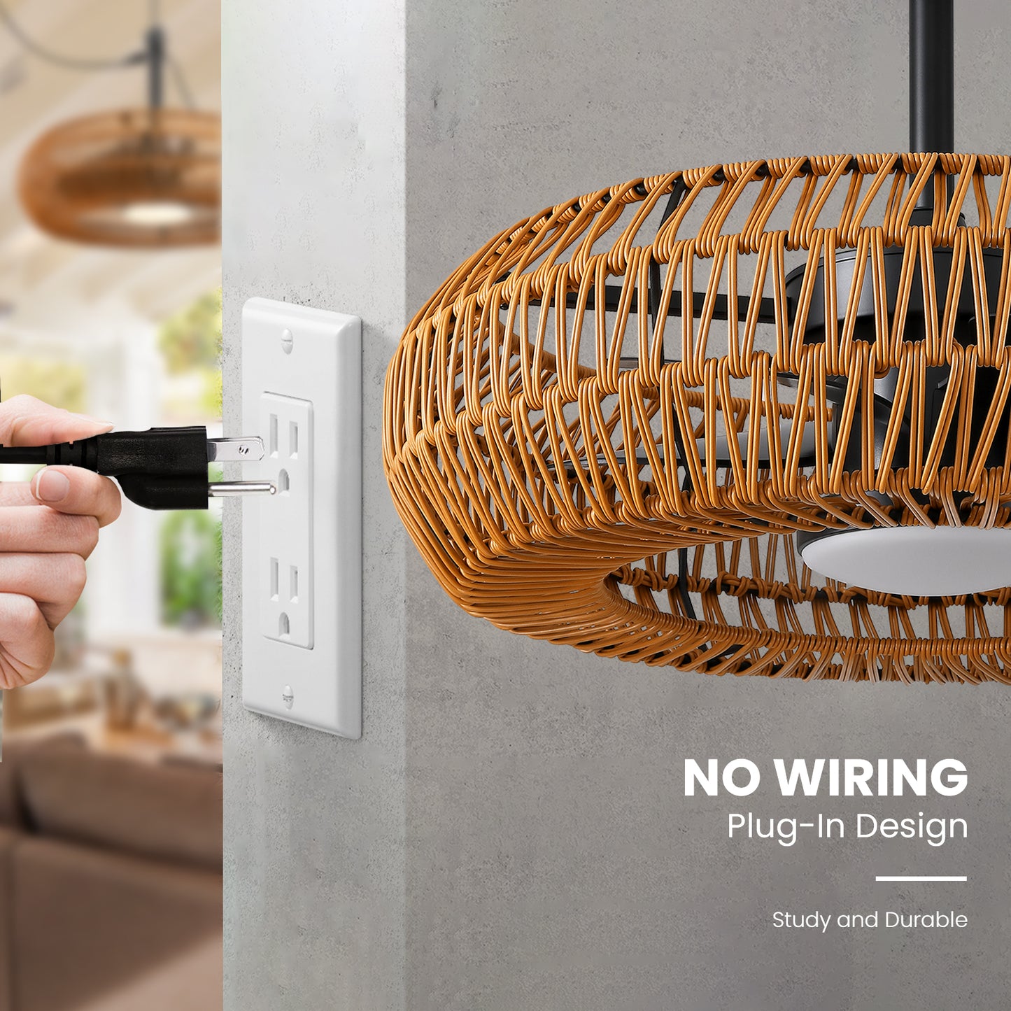 23.6 in Indoor/Outdoor Waterproof Woven LED Ceiling Fan Light with Dimming and Time(Includes Remote Control)