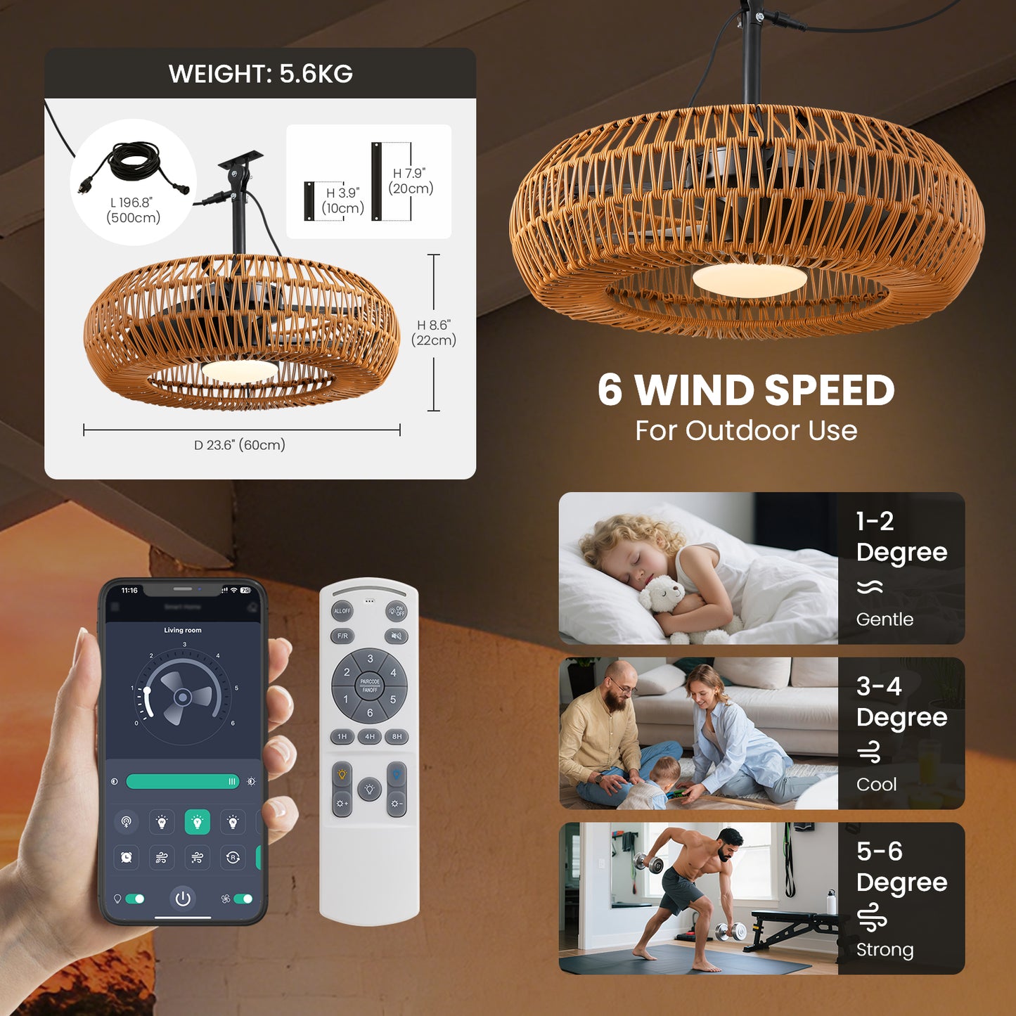 23.6 in Indoor/Outdoor Waterproof Woven LED Ceiling Fan Light with Dimming and Time(Includes Remote Control)
