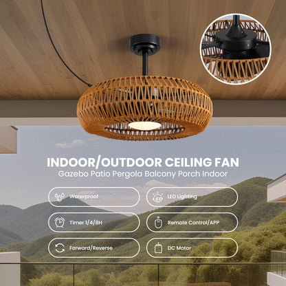 23.6 in Indoor/Outdoor Waterproof Woven LED Ceiling Fan Light with Dimming and Time(Includes Remote Control)