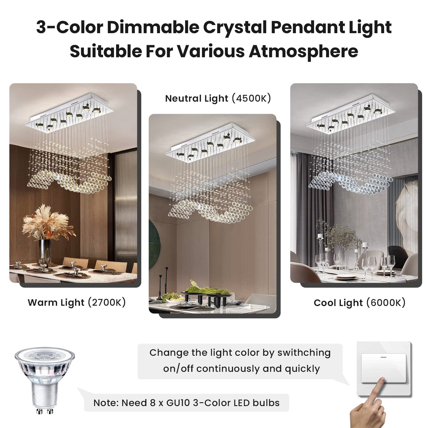 8 Lights Rectangular Wave Raindrop Chandelier Flush Mount Crystal Chandelier No Bulbs
