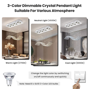 8 Lights Rectangular Wave Raindrop Chandelier Flush Mount Crystal Chandelier No Bulbs