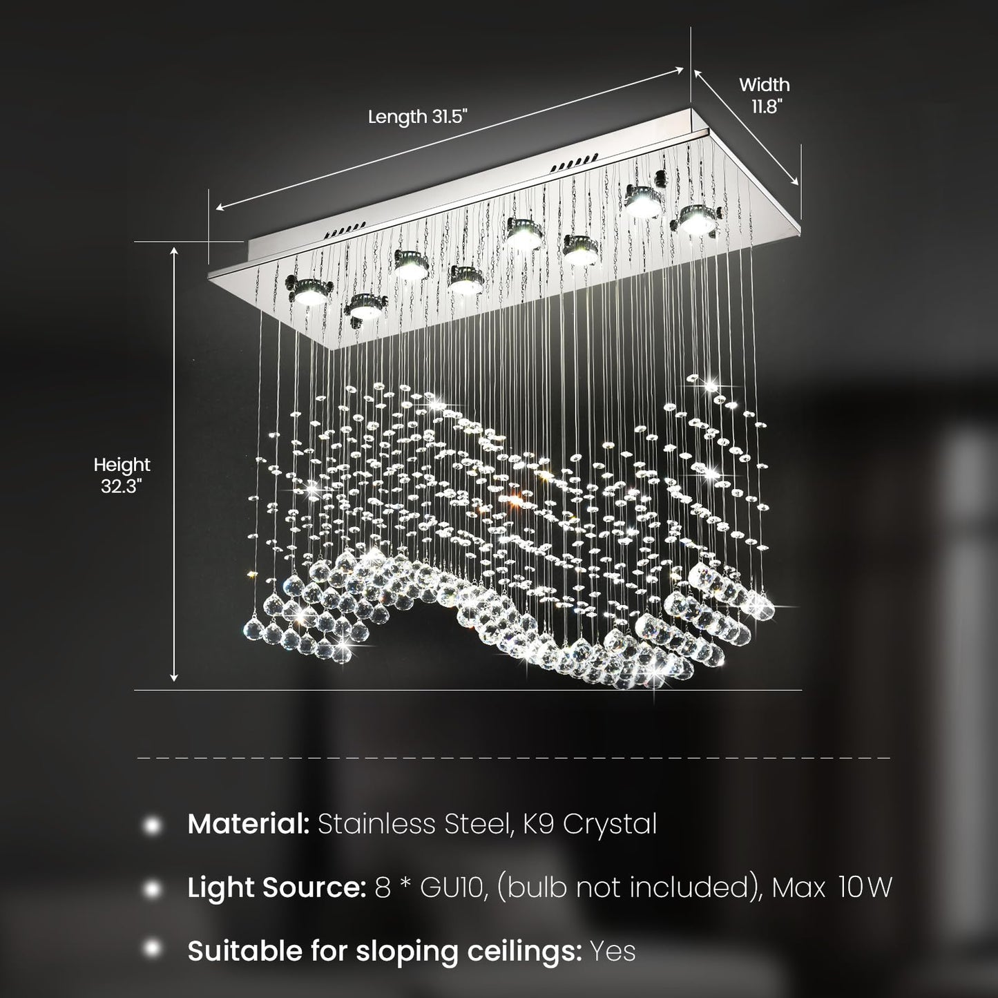 8 Lights Rectangular Wave Raindrop Chandelier Flush Mount Crystal Chandelier No Bulbs