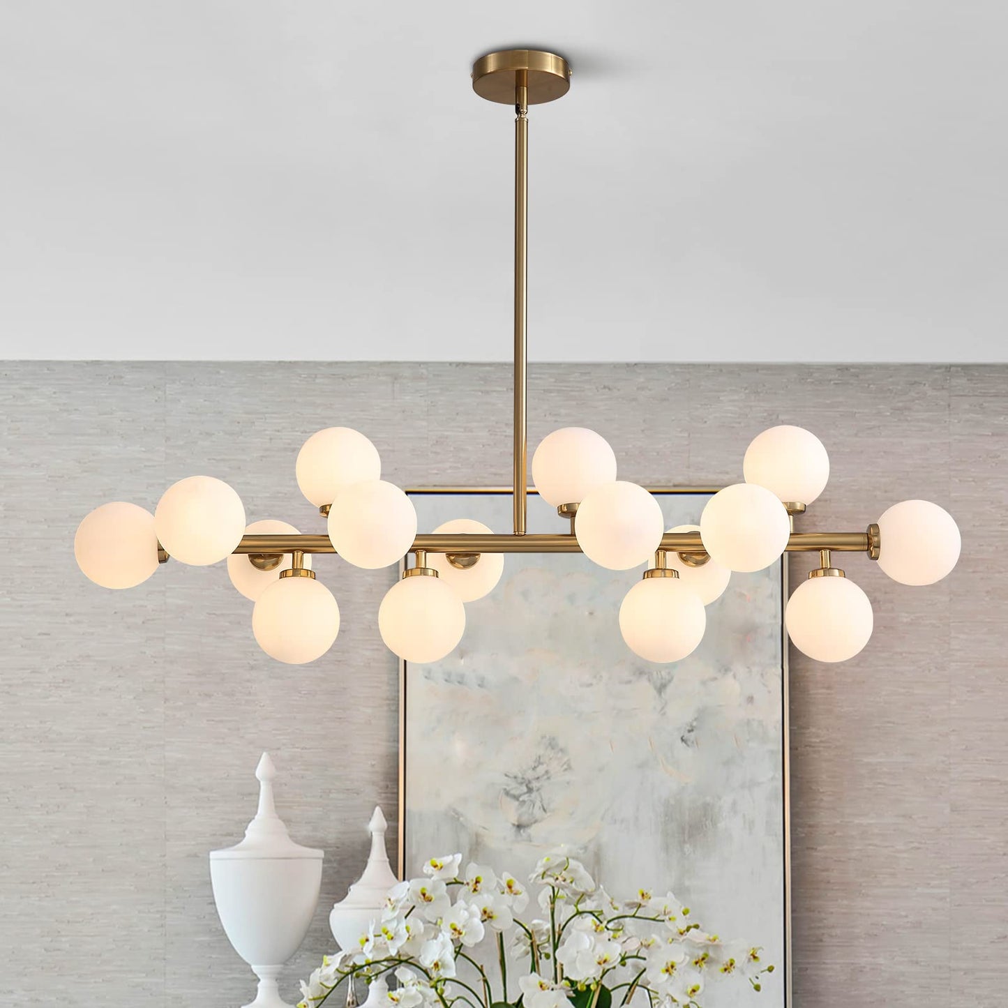 16-Light Mid Century Glass Chandelier 39in Modern Gold Linear Pendant Fixture No Bulb