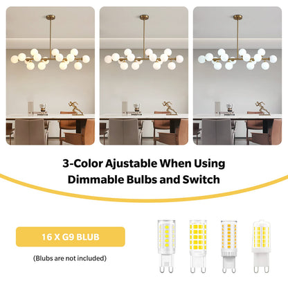 16-Light Mid Century Glass Chandelier 39in Modern Gold Linear Pendant Fixture No Bulb
