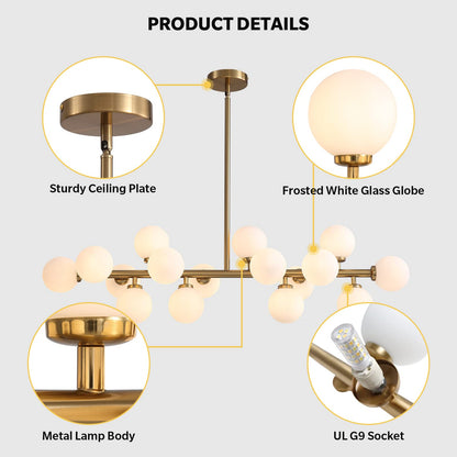 16-Light Mid Century Glass Chandelier 39in Modern Gold Linear Pendant Fixture No Bulb
