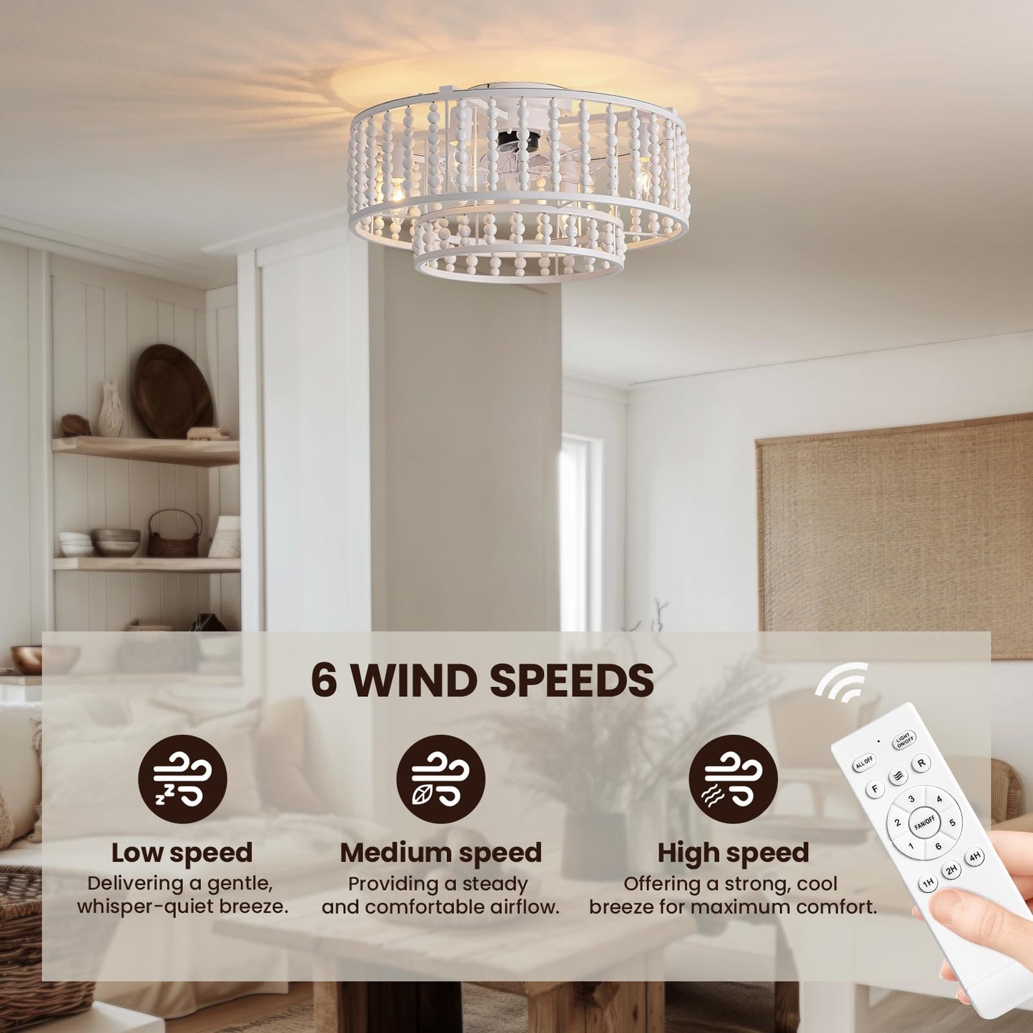 19 in. Indoor White Boho 2-Tier Wood Beaded Caged Flush Mount Fandelier Ceiling Fan with Remote Control No Bulb Included