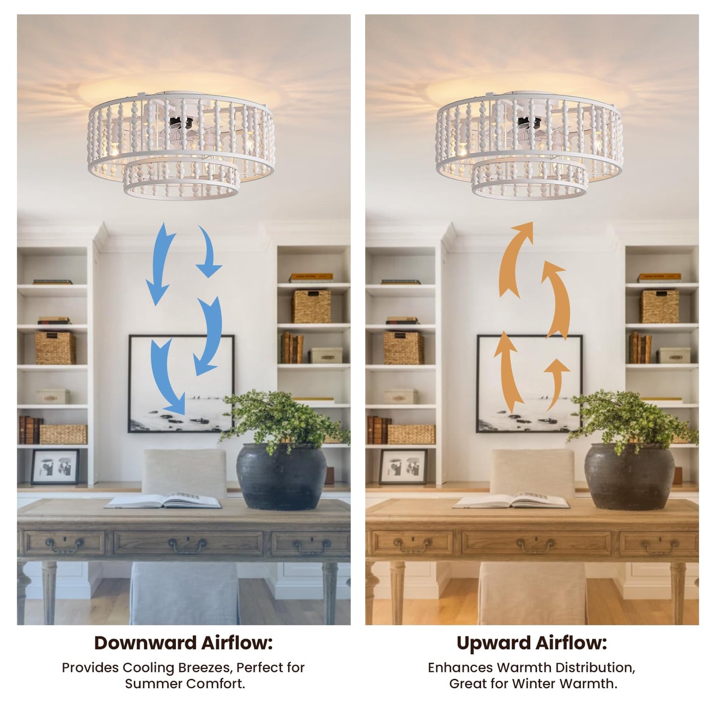 19 in. Indoor White Boho 2-Tier Wood Beaded Caged Flush Mount Fandelier Ceiling Fan with Remote Control No Bulb Included