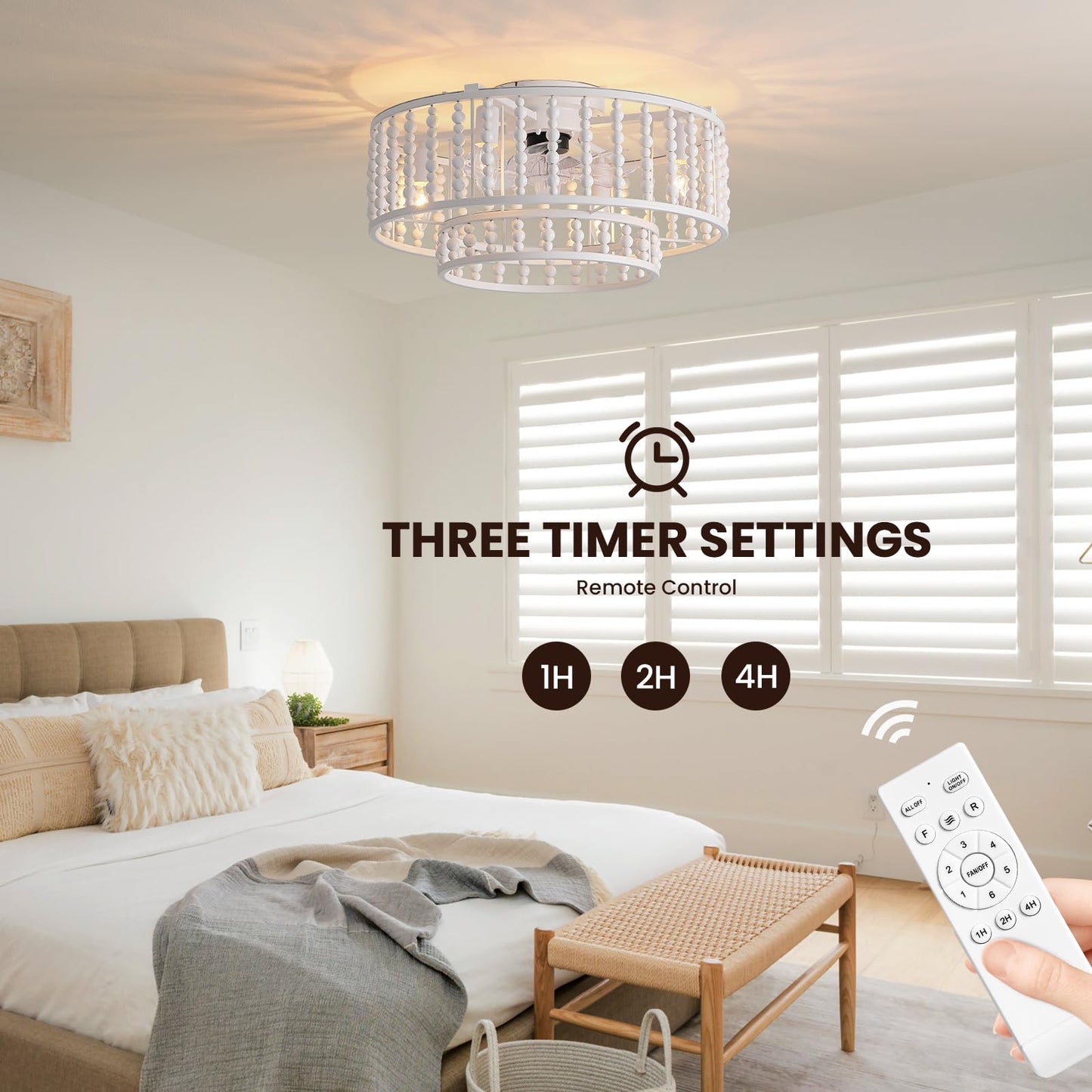 19 in. Indoor White Boho 2-Tier Wood Beaded Caged Flush Mount Fandelier Ceiling Fan with Remote Control No Bulb Included