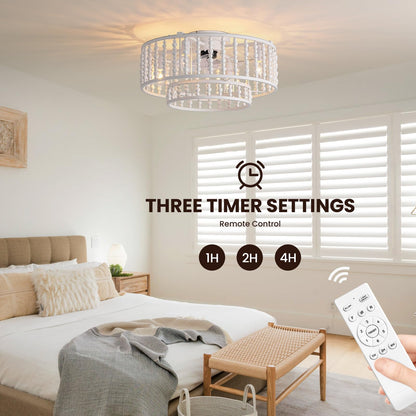 19 in. Indoor White Boho 2-Tier Wood Beaded Caged Flush Mount Fandelier Ceiling Fan with Remote Control No Bulb Included