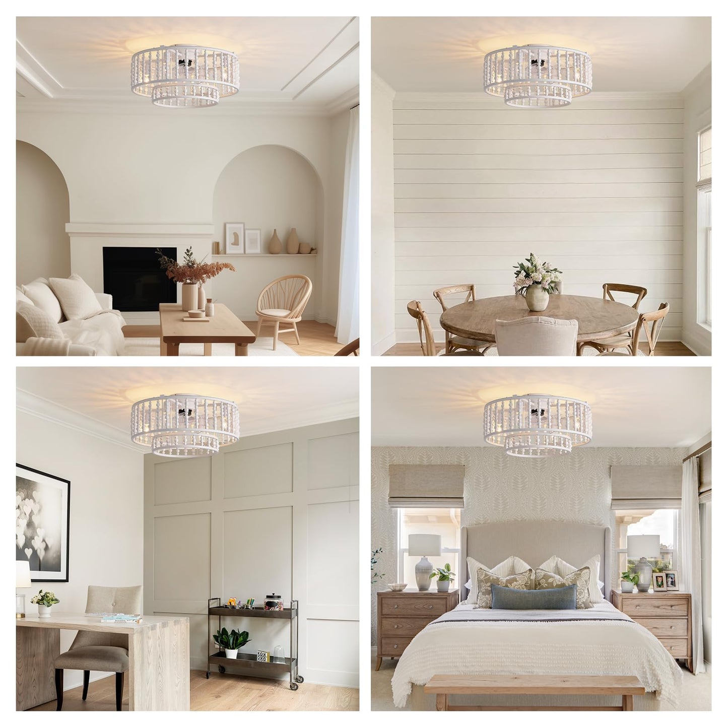 19 in. Indoor White Boho 2-Tier Wood Beaded Caged Flush Mount Fandelier Ceiling Fan with Remote Control No Bulb Included