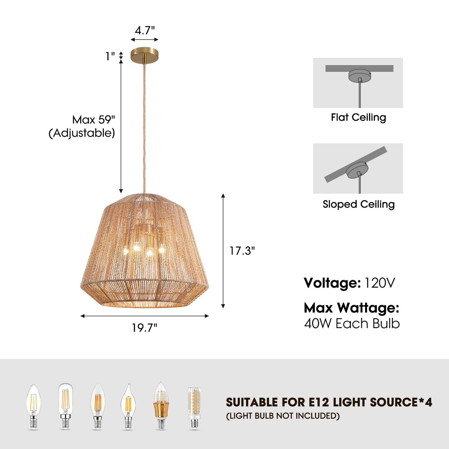 20in 4-Light Adjustable Woven Pendant Light for Sloped Ceilings(No Bulbs Included)