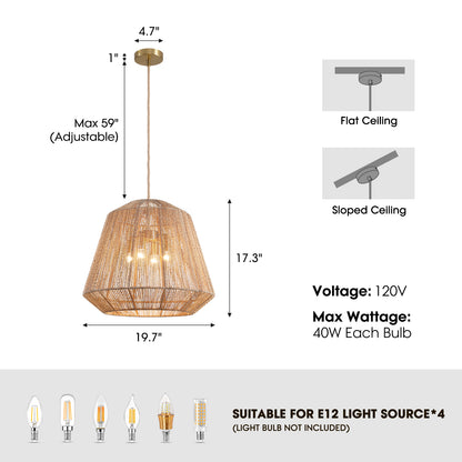 20in 4-Light Adjustable Woven Pendant Light for Sloped Ceilings(No Bulbs Included)