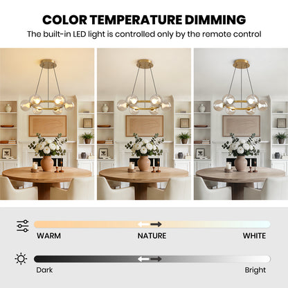 6-Light Gold Round Dream Molecule Chandelier with Amber Glass Shades, Dimmable and Remote Controlled