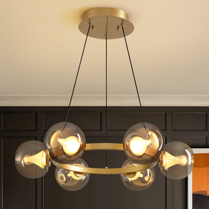 6-Light Gold Round Dream Molecule Chandelier with Amber Glass Shades, Dimmable and Remote Controlled