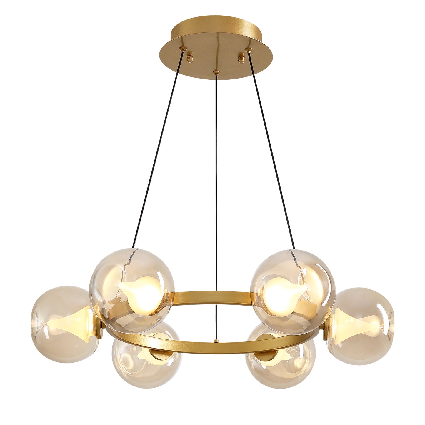 6-Light Gold Round Dream Molecule Chandelier with Amber Glass Shades, Dimmable and Remote Controlled
