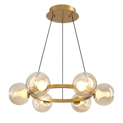 6-Light Gold Round Dream Molecule Chandelier with Amber Glass Shades, Dimmable and Remote Controlled