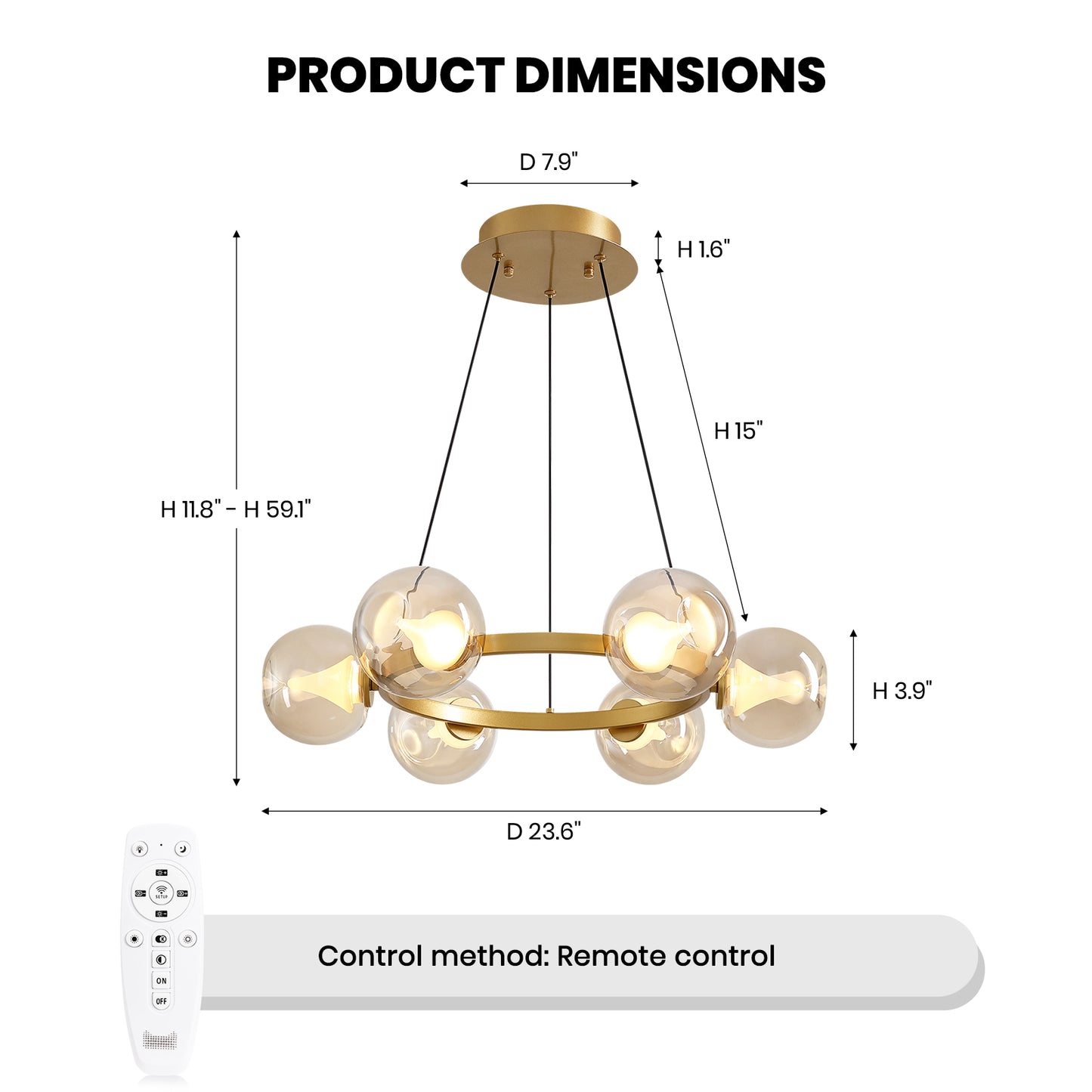 6-Light Gold Round Dream Molecule Chandelier with Amber Glass Shades, Dimmable and Remote Controlled