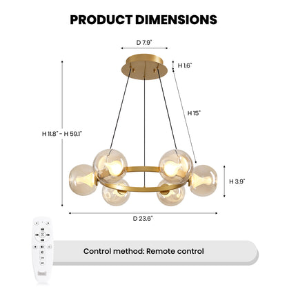 6-Light Gold Round Dream Molecule Chandelier with Amber Glass Shades, Dimmable and Remote Controlled