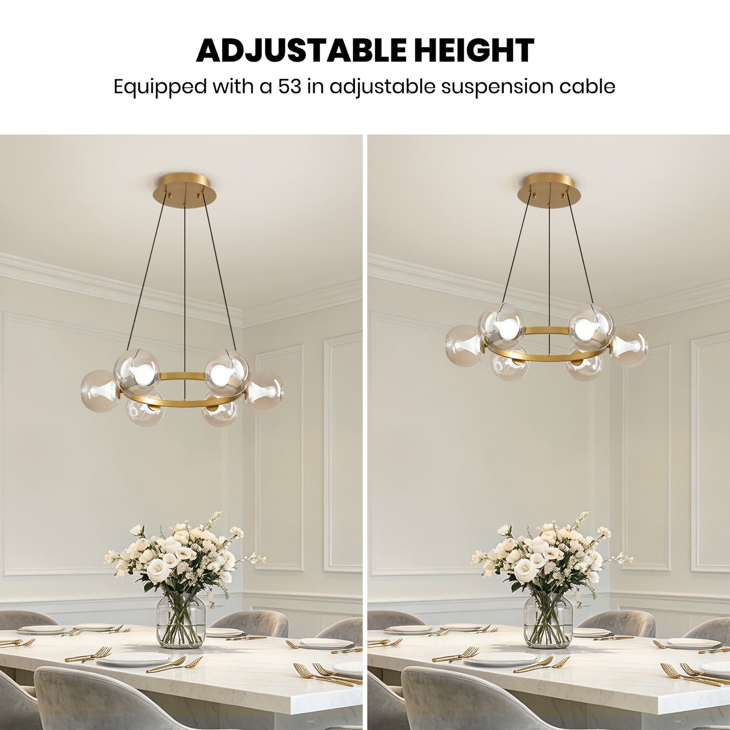 6-Light Gold Round Dream Molecule Chandelier with Amber Glass Shades, Dimmable and Remote Controlled