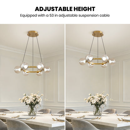 6-Light Gold Round Dream Molecule Chandelier with Amber Glass Shades, Dimmable and Remote Controlled