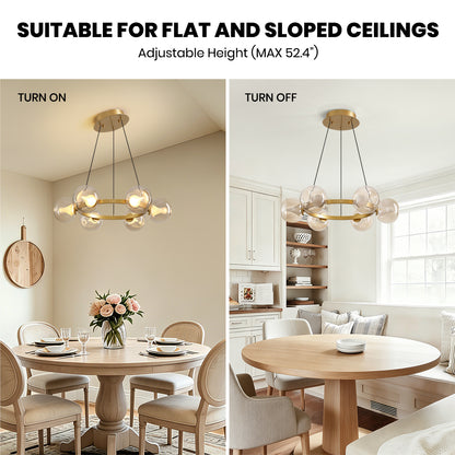6-Light Gold Round Dream Molecule Chandelier with Amber Glass Shades, Dimmable and Remote Controlled