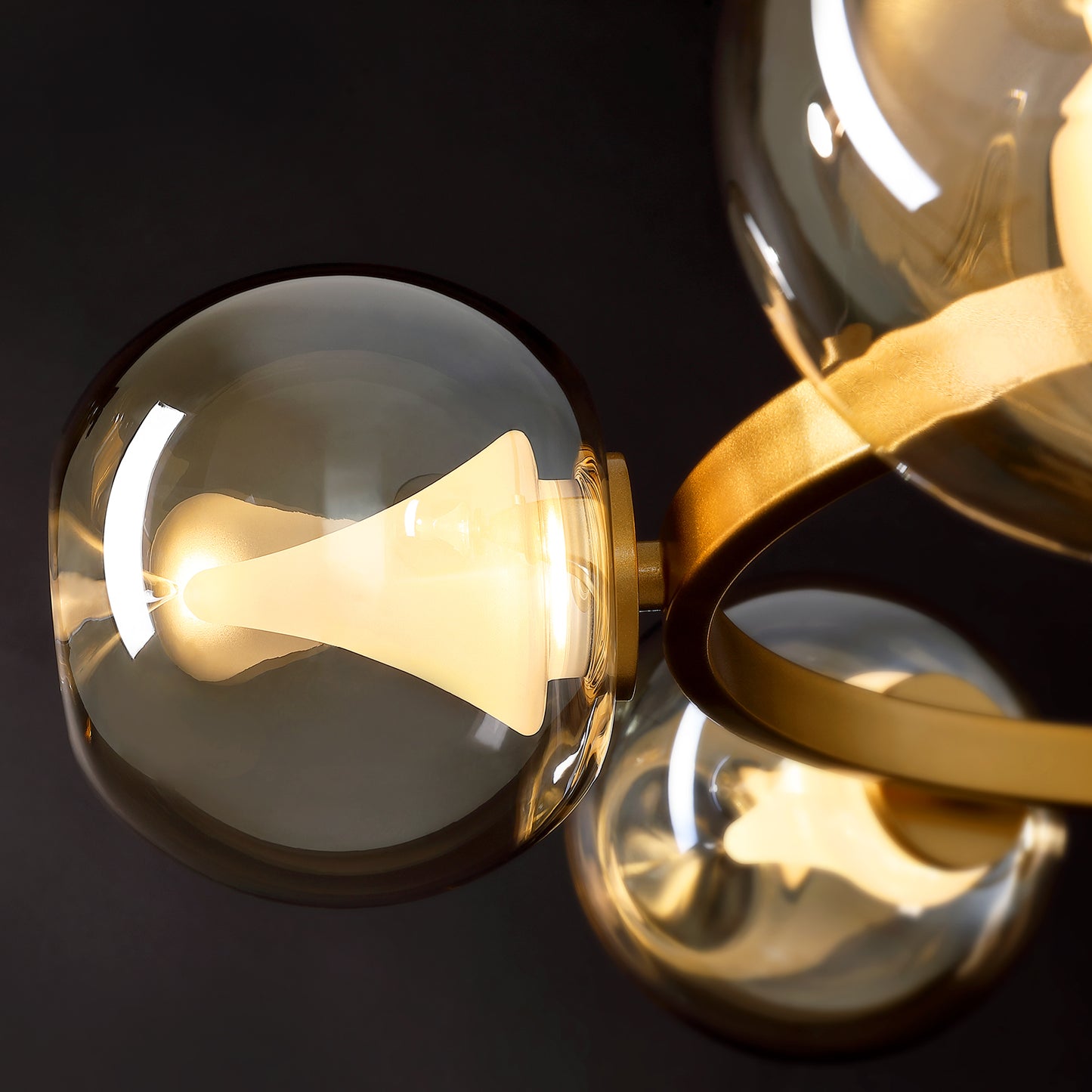 6-Light Gold Round Dream Molecule Chandelier with Amber Glass Shades, Dimmable and Remote Controlled