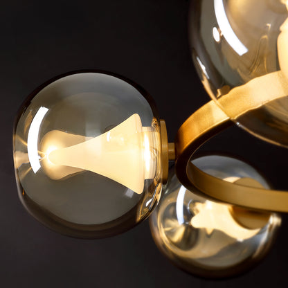 6-Light Gold Round Dream Molecule Chandelier with Amber Glass Shades, Dimmable and Remote Controlled
