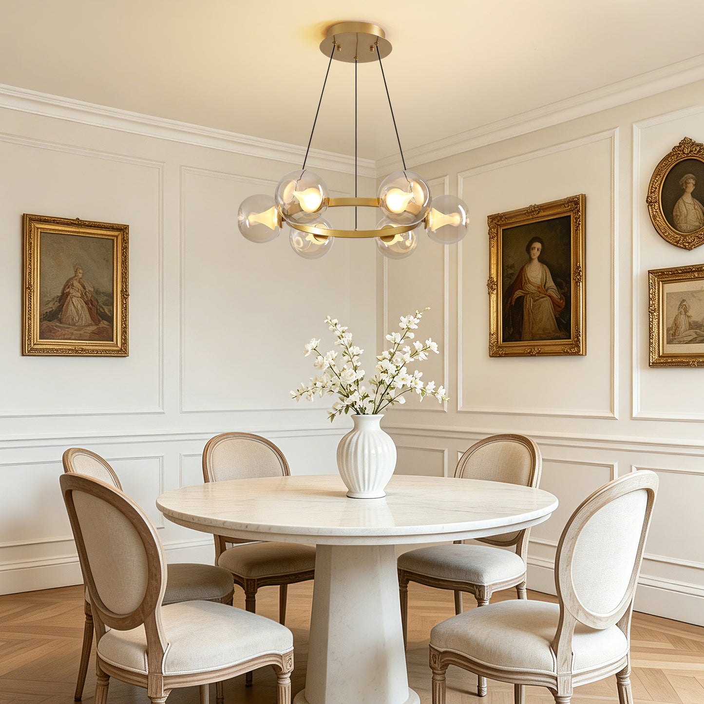 6-Light Gold Round Dream Molecule Chandelier with Amber Glass Shades, Dimmable and Remote Controlled