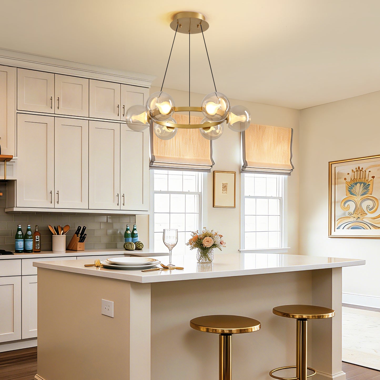 6-Light Gold Round Dream Molecule Chandelier with Amber Glass Shades, Dimmable and Remote Controlled