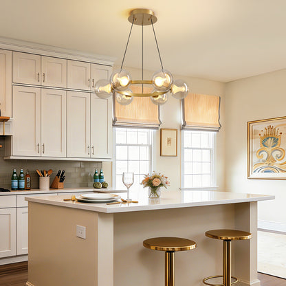 6-Light Gold Round Dream Molecule Chandelier with Amber Glass Shades, Dimmable and Remote Controlled