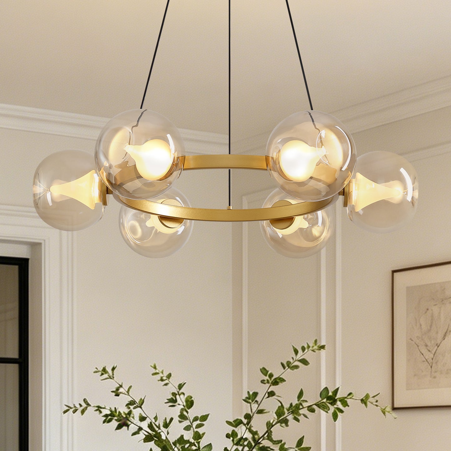 6-Light Gold Round Dream Molecule Chandelier with Amber Glass Shades, Dimmable and Remote Controlled