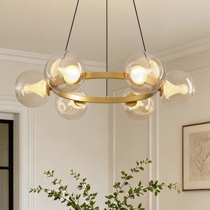 6-Light Gold Round Dream Molecule Chandelier with Amber Glass Shades, Dimmable and Remote Controlled