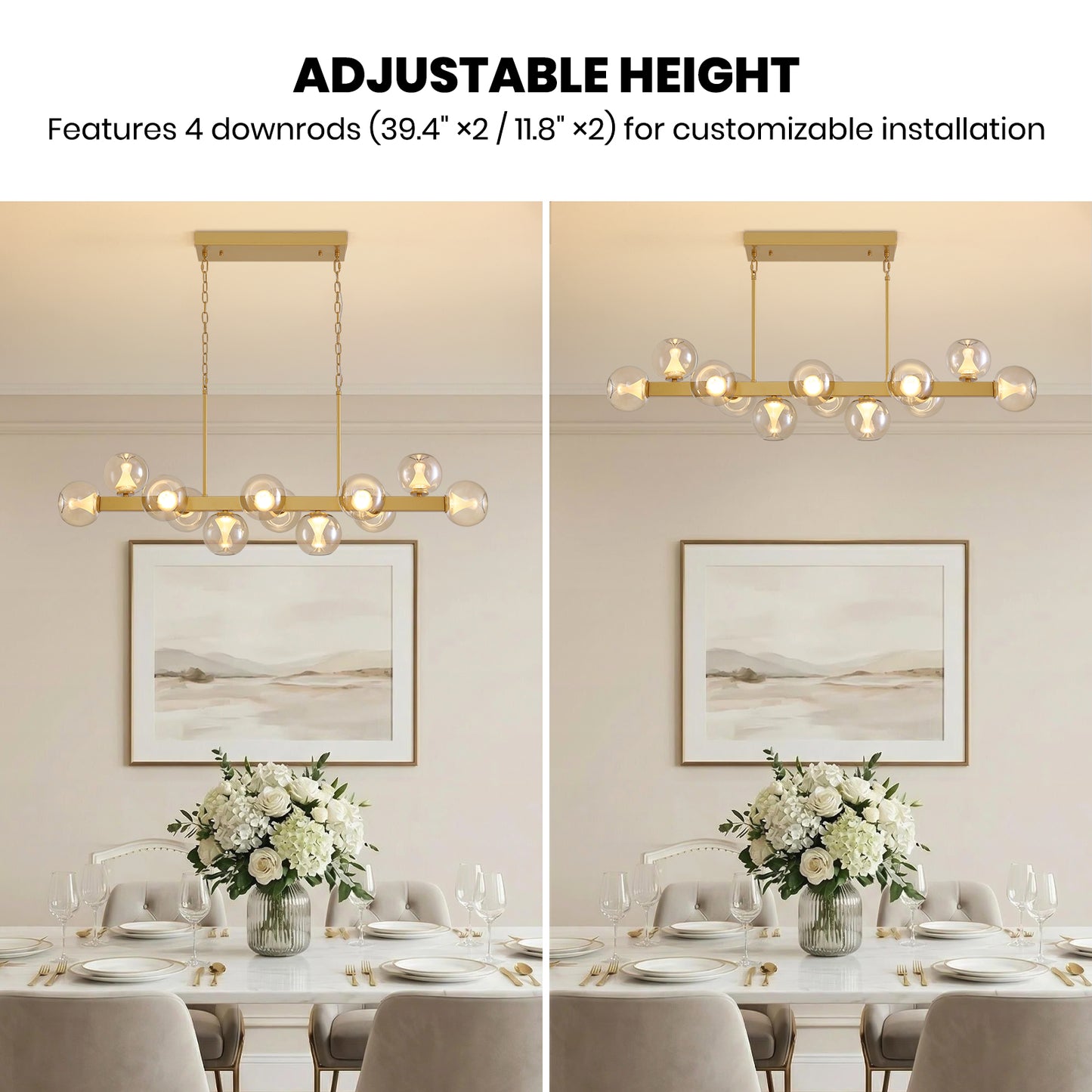 12-Light Gold linear Dream Molecule Chandelier with Amber Glass Shades, Dimmable and Remote-Controlled