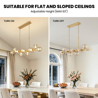 12-Light Gold linear Dream Molecule Chandelier with Amber Glass Shades, Dimmable and Remote-Controlled