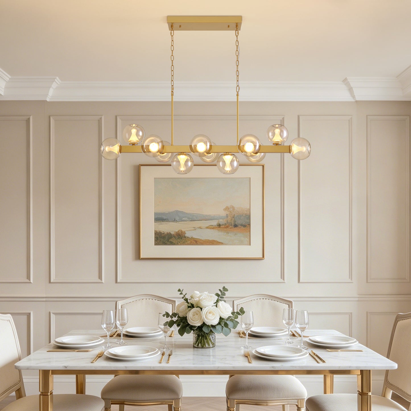 12-Light Gold linear Dream Molecule Chandelier with Amber Glass Shades, Dimmable and Remote-Controlled