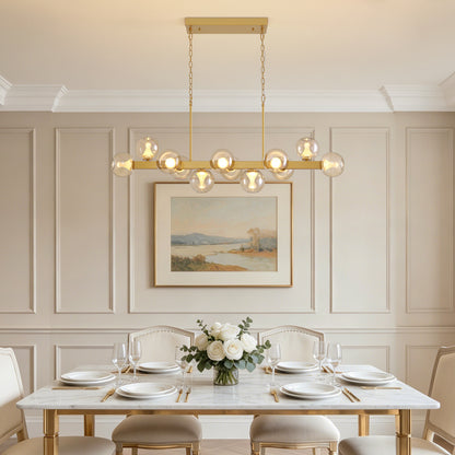 12-Light Gold linear Dream Molecule Chandelier with Amber Glass Shades, Dimmable and Remote-Controlled