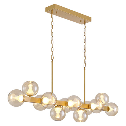 12-Light Gold linear Dream Molecule Chandelier with Amber Glass Shades, Dimmable and Remote-Controlled
