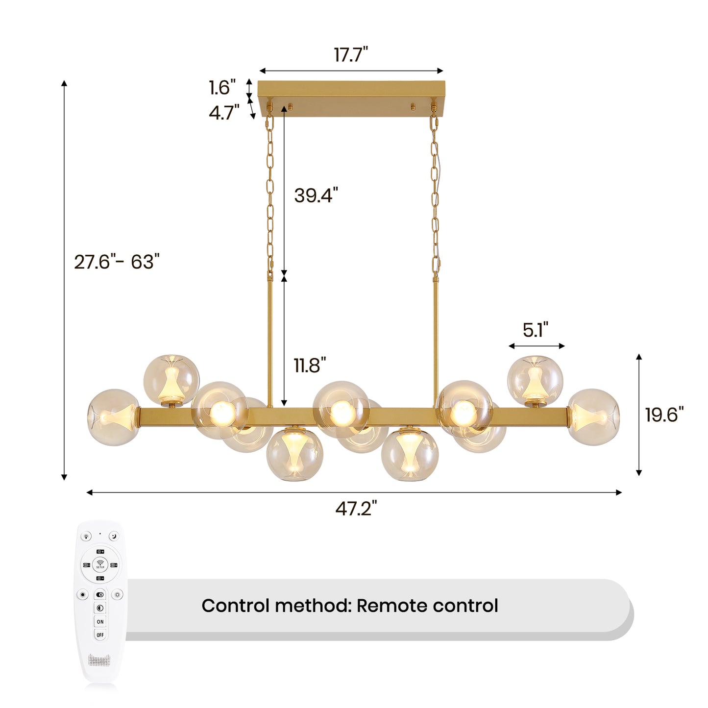 12-Light Gold linear Dream Molecule Chandelier with Amber Glass Shades, Dimmable and Remote-Controlled