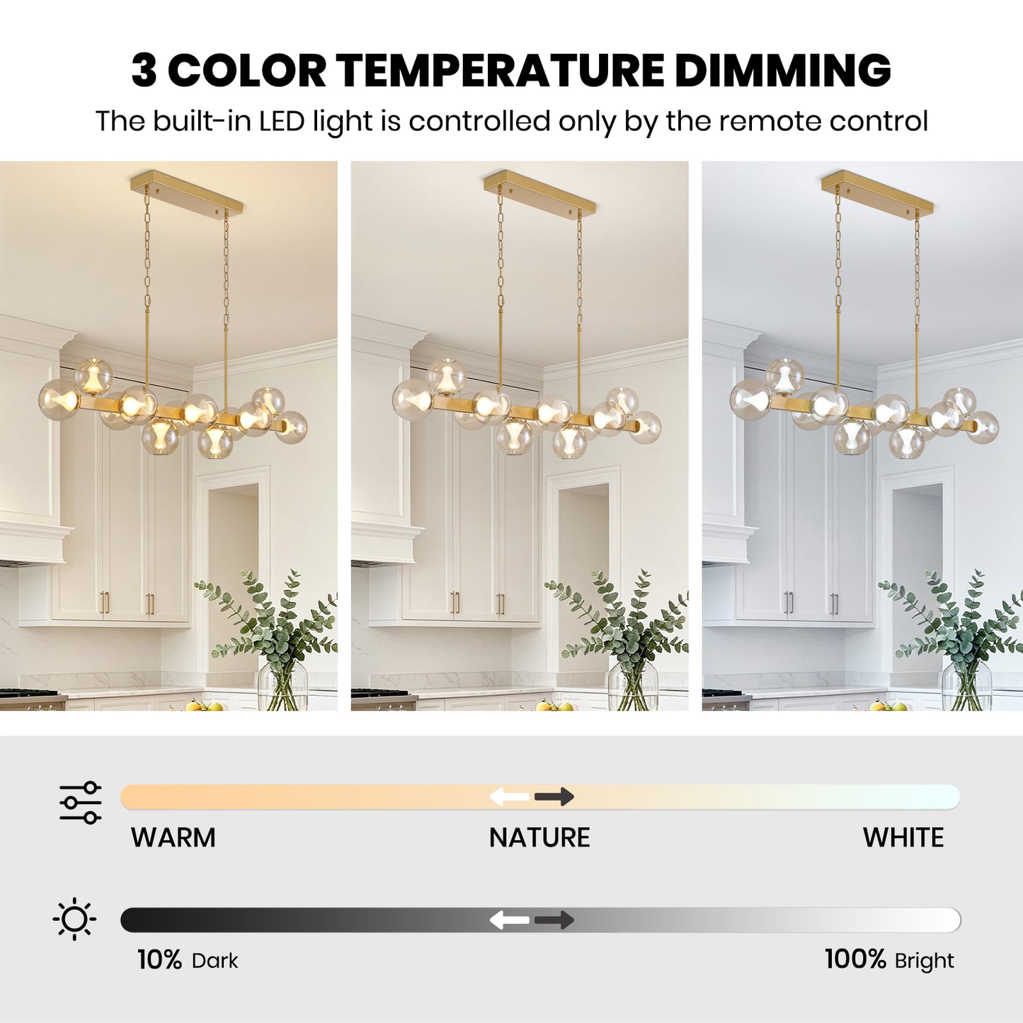 12-Light Gold linear Dream Molecule Chandelier with Amber Glass Shades, Dimmable and Remote-Controlled