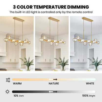 12-Light Gold linear Dream Molecule Chandelier with Amber Glass Shades, Dimmable and Remote-Controlled