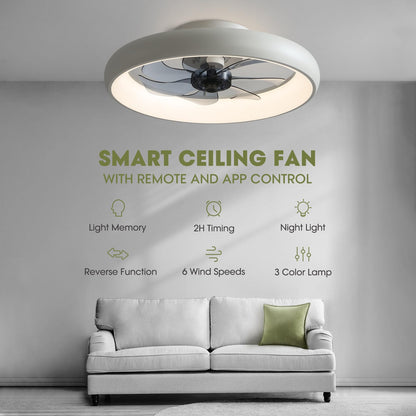 20 in. Smart Indoor Modern White Round Low Profile Ceiling Fan with Dimmable LED with Remote Included for Bedroom